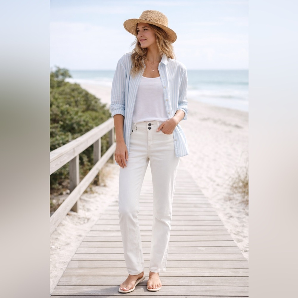 “The perfect crisp white denim for summer outfits 🤍 effortless & classic.”